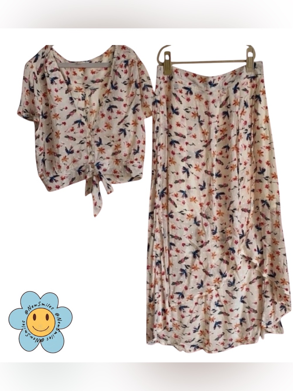 Honey Punch ~2-Piece ~Floral & Birds~Tie at Waist Cropped Shirt & Maxi Skirt Set